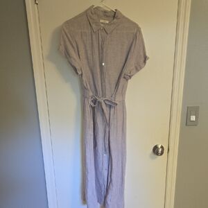 C&C California 100% Linen Light Grey Button-Front  Shirt Dress with Tie
